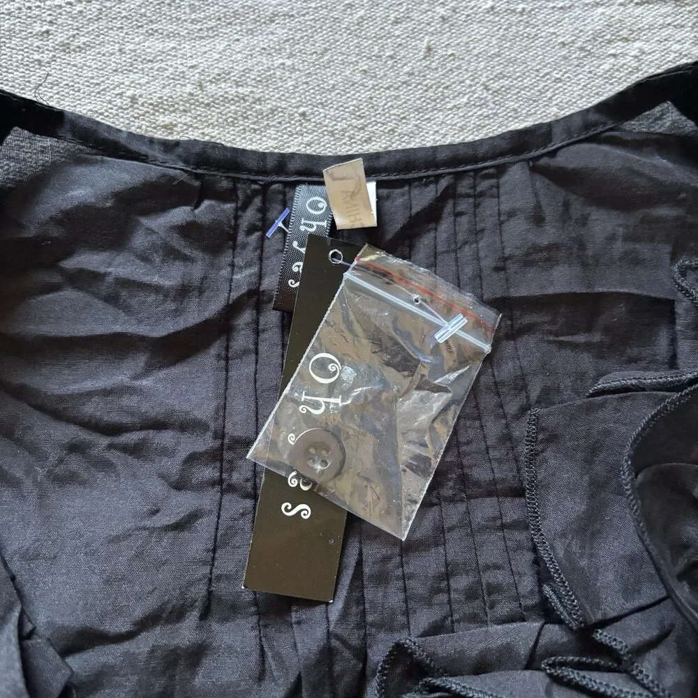 Y2K Silk Blend Black Ruffled Short Sleeve Button-Up